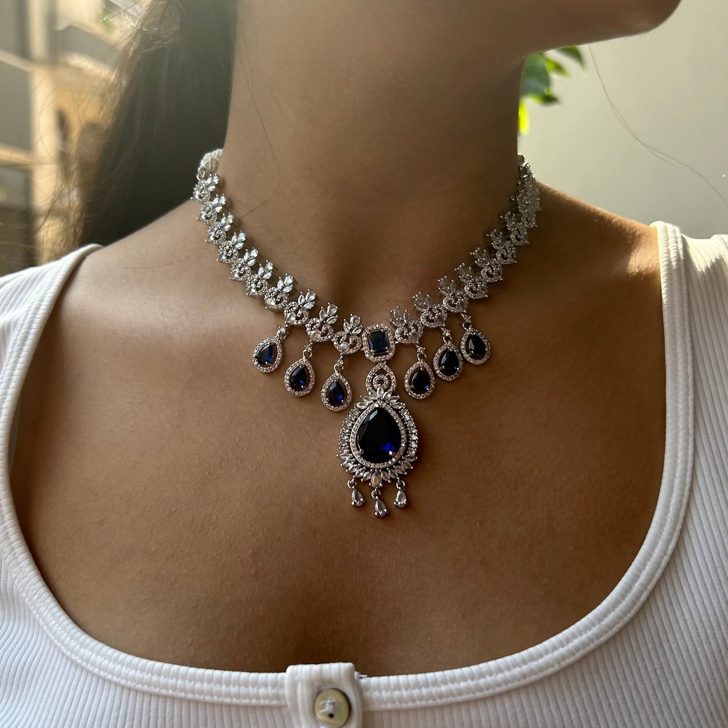Paakhi Sapphire Blue American Diamond Necklace Set with Starling Stone