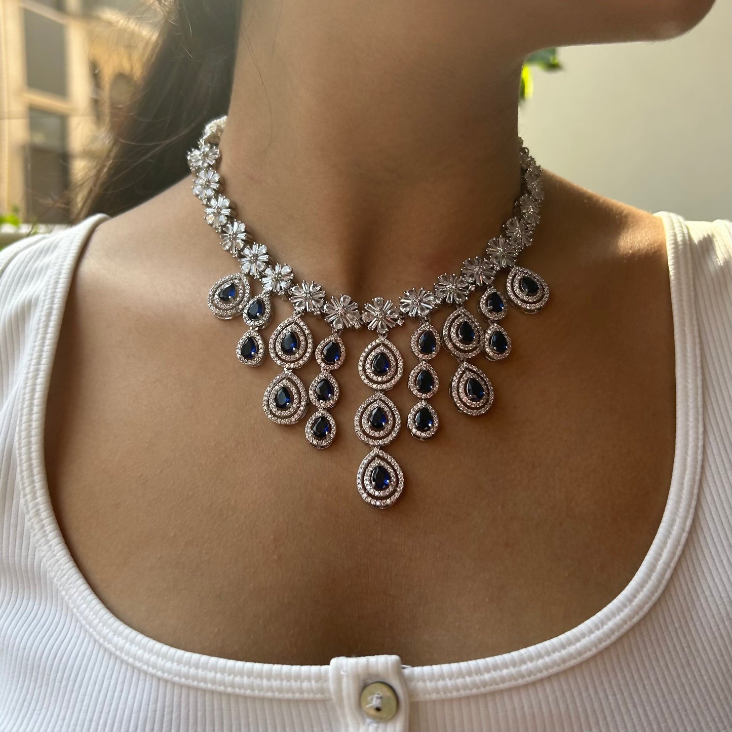 Ruhani Sapphire Blue American Diamond Necklace Set with Maang Tikka