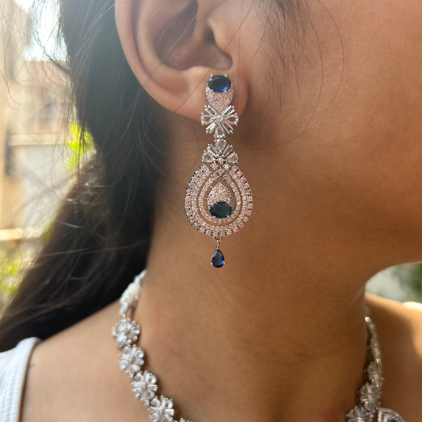 Ruhani Sapphire Blue American Diamond Necklace Set with Maang Tikka