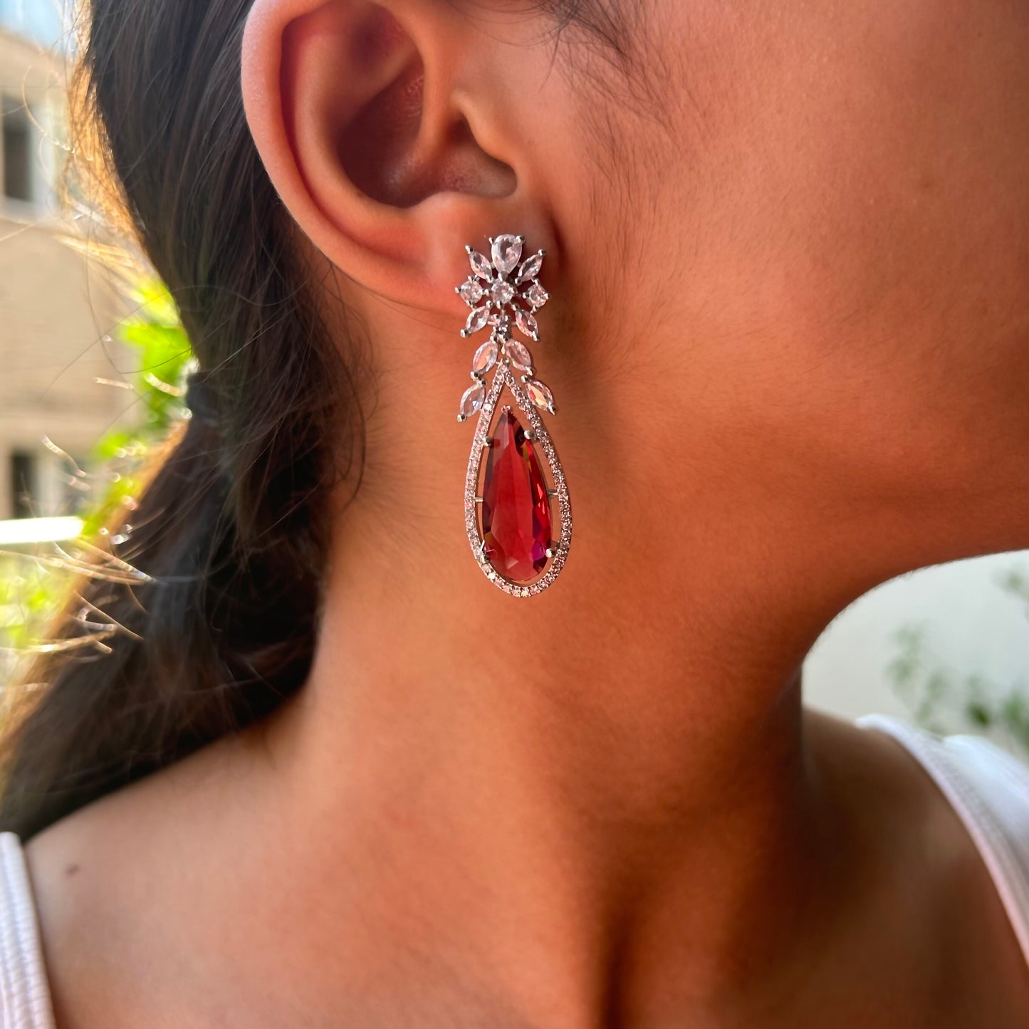 Boond Ruby Red American Diamond Earrings with Starling Stone