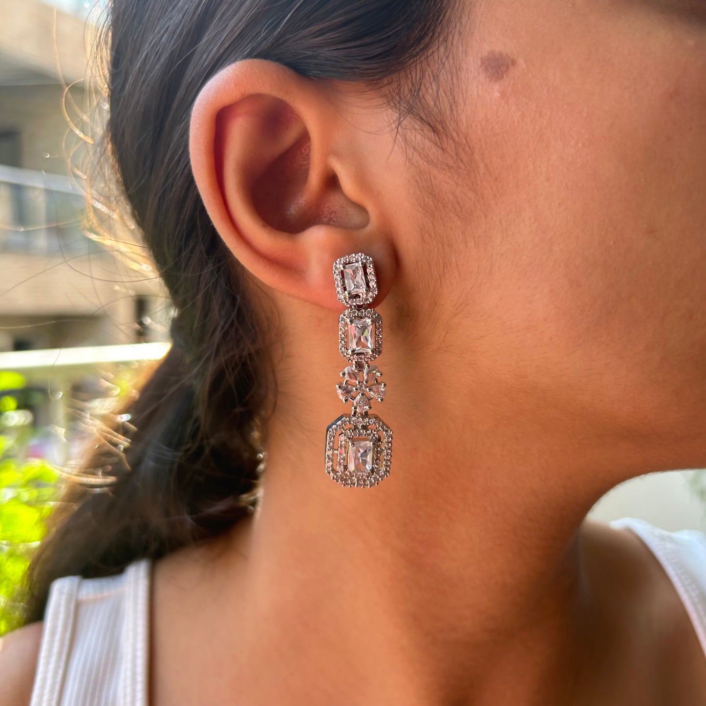 Amaltas Silver American Diamond earrings with Starling Stone