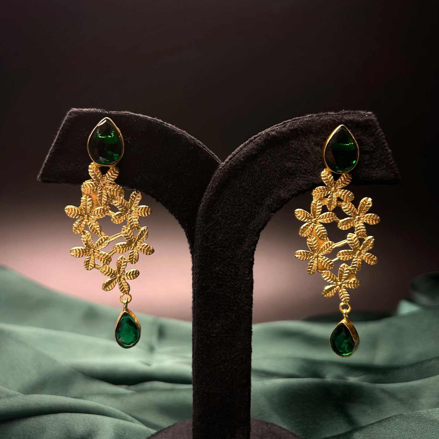Mersa Gold Flower Earrings with Green Quartz Stone