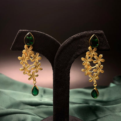 Mersa Gold Flower Earrings with Green Quartz Stone