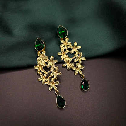 Mersa Gold Flower Earrings with Green Quartz Stone